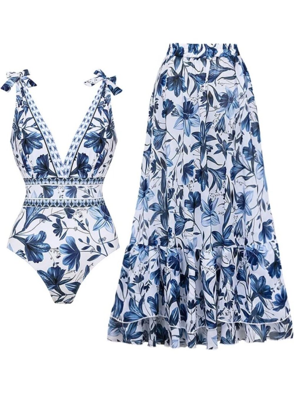 Stylish Blue & White V-Neck Lace-Up One-Piece Swimsuit with Skirt/Sarong Set
